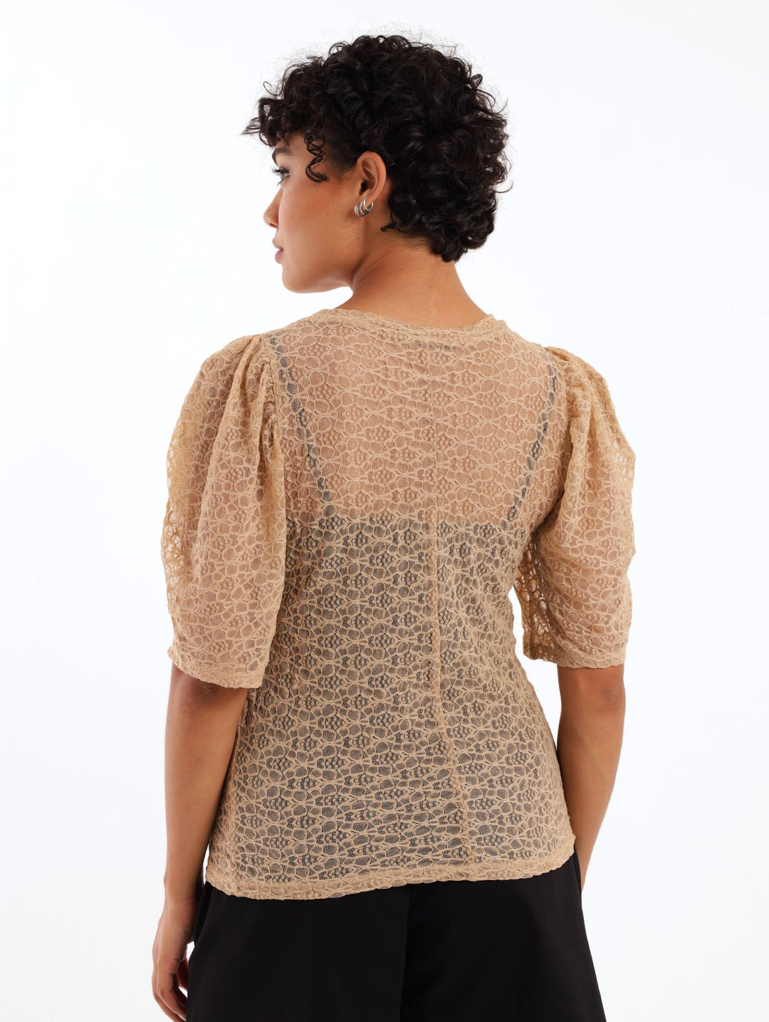 Ladies Short Sleeve Gathered Puff Lace Top - Beige