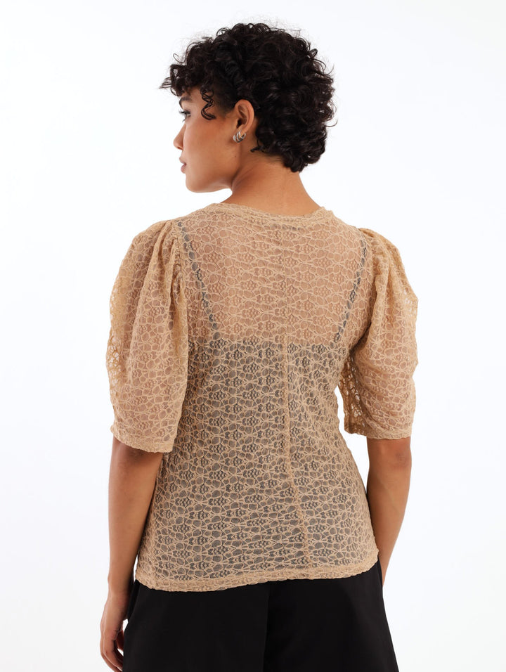 Ladies Short Sleeve Gathered Puff Lace Top - Beige