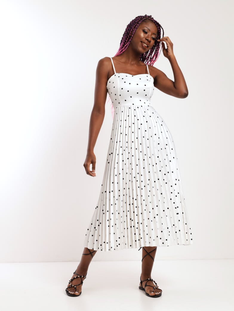 Ladies Spot Detail Pleated Dress - Black/White