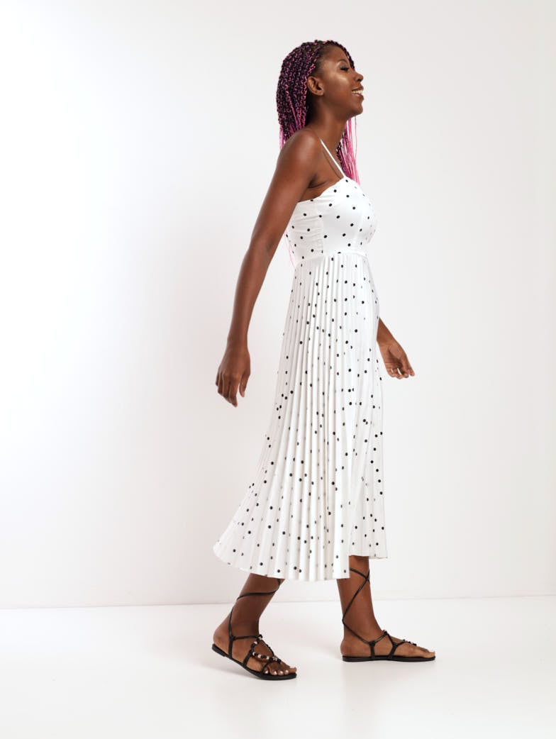 Ladies Spot Detail Pleated Dress - Black/White