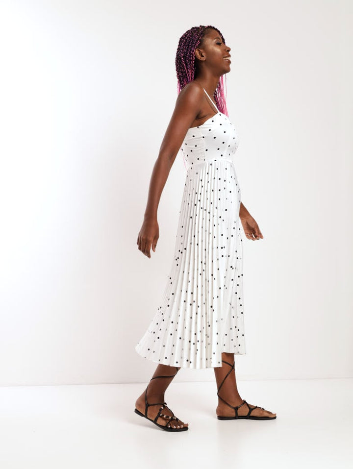 Ladies Spot Detail Pleated Dress - Black/White