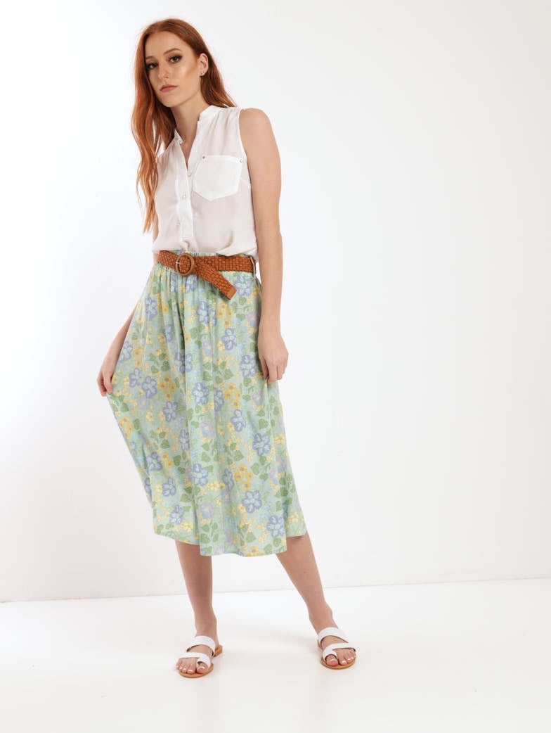 Ladies Belted Panel Flared Midi Skirt