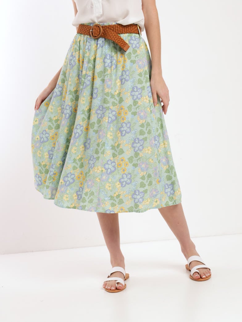 Ladies Belted Panel Flared Midi Skirt