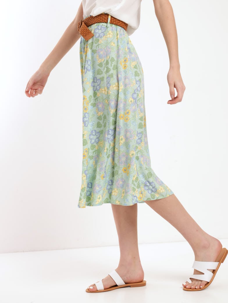 Ladies Belted Panel Flared Midi Skirt