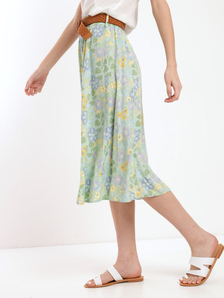 Ladies Belted Panel Flared Midi Skirt