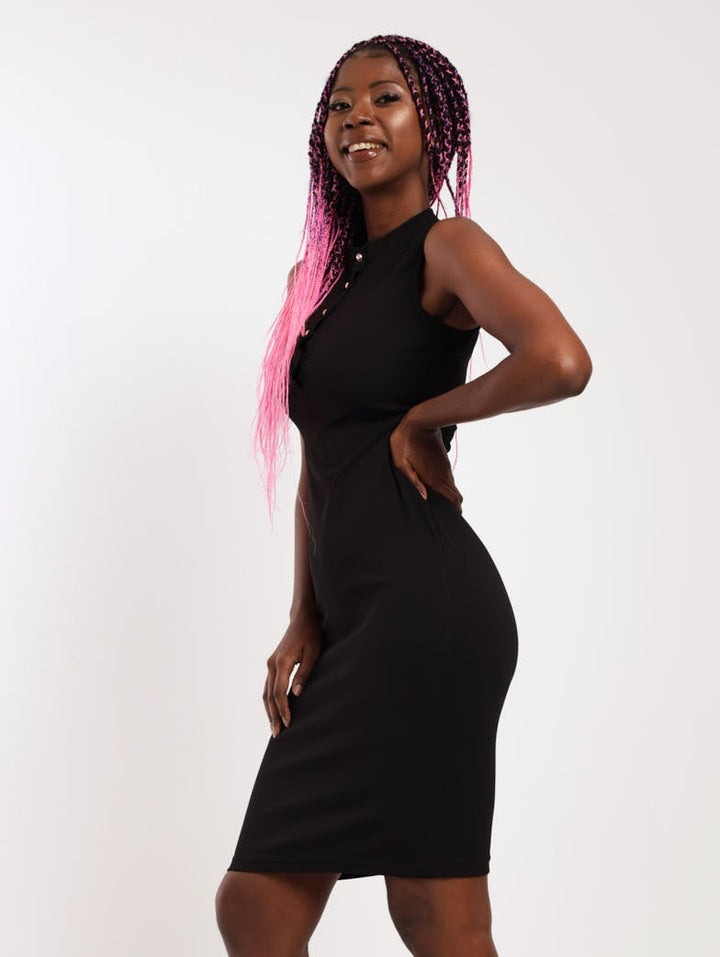 Ladies Button Front Bodycon Dress - Black