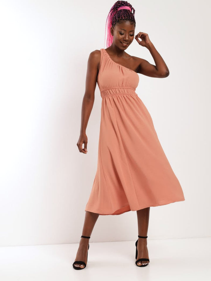 Ladies One Shoulder Midi Dress - Blush