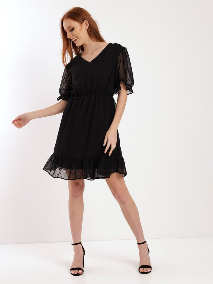 Ladies Clip Chiffon Ruffle Hem Tea Dress - Black