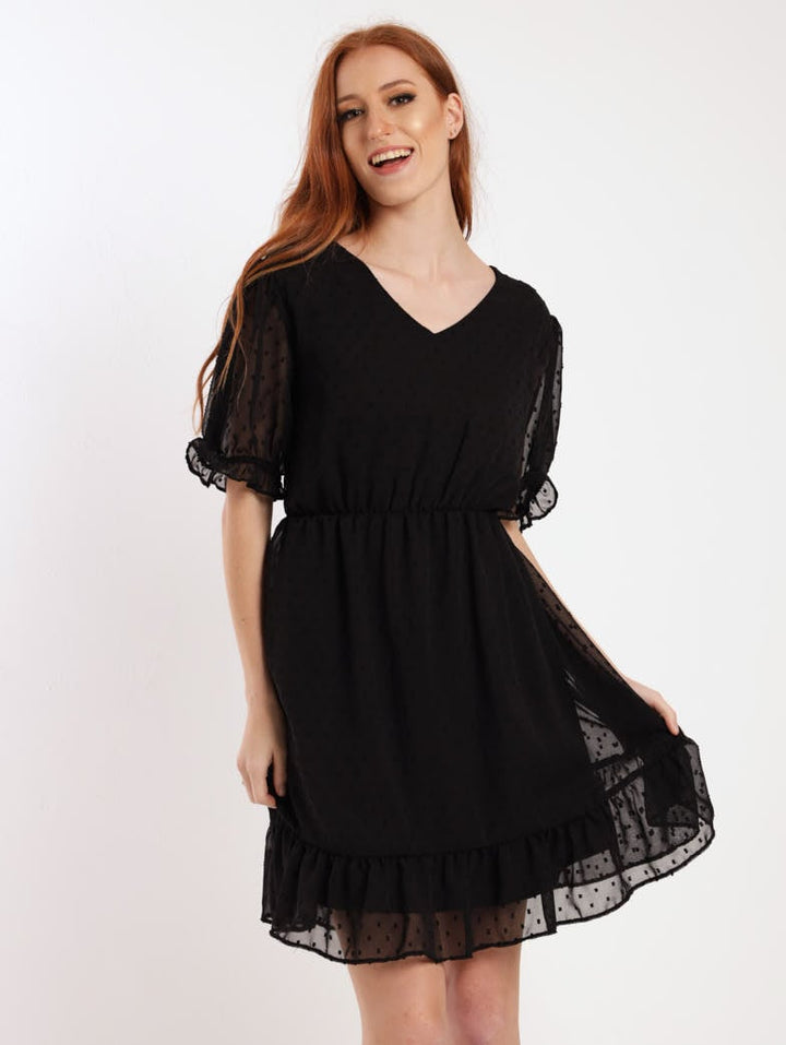 Ladies Clip Chiffon Ruffle Hem Tea Dress - Black