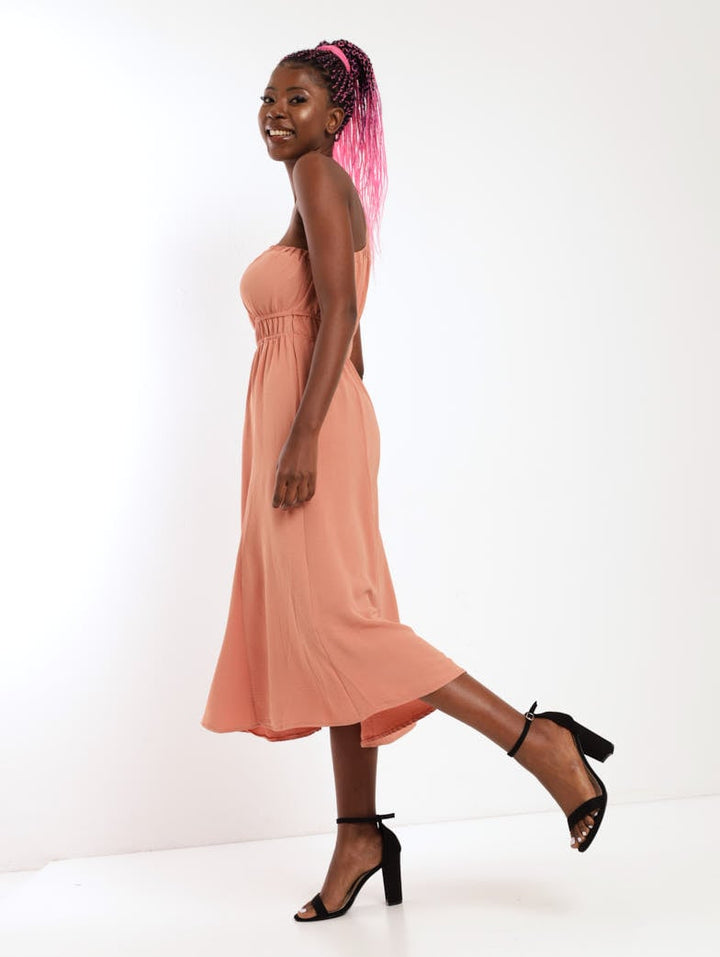 Ladies One Shoulder Midi Dress - Blush