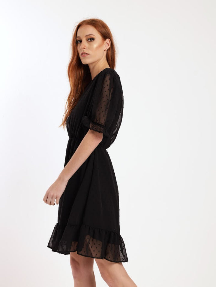 Ladies Clip Chiffon Ruffle Hem Tea Dress - Black