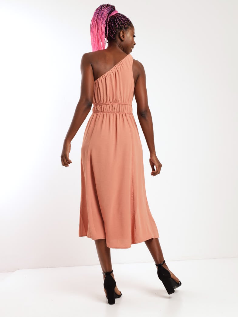 Ladies One Shoulder Midi Dress - Blush