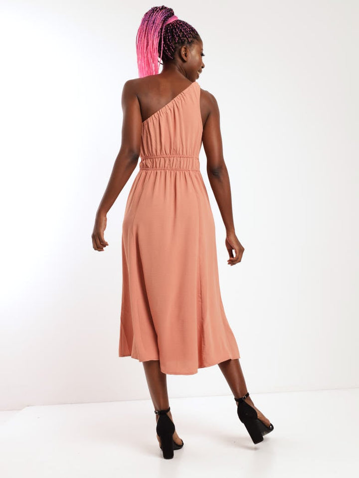 Ladies One Shoulder Midi Dress - Blush