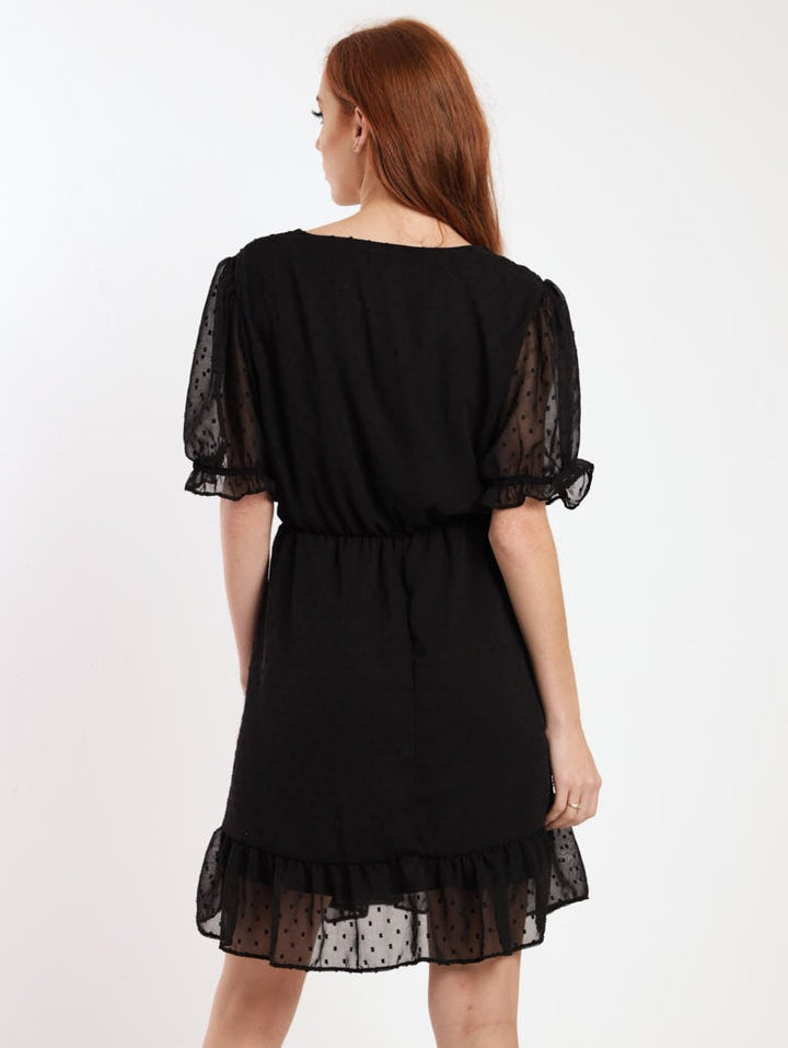 Ladies Clip Chiffon Ruffle Hem Tea Dress - Black
