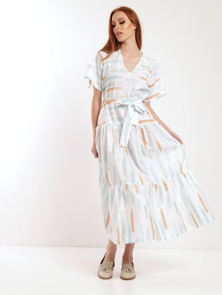 Ladies 50S Belted Midi Paint Stroke Dress