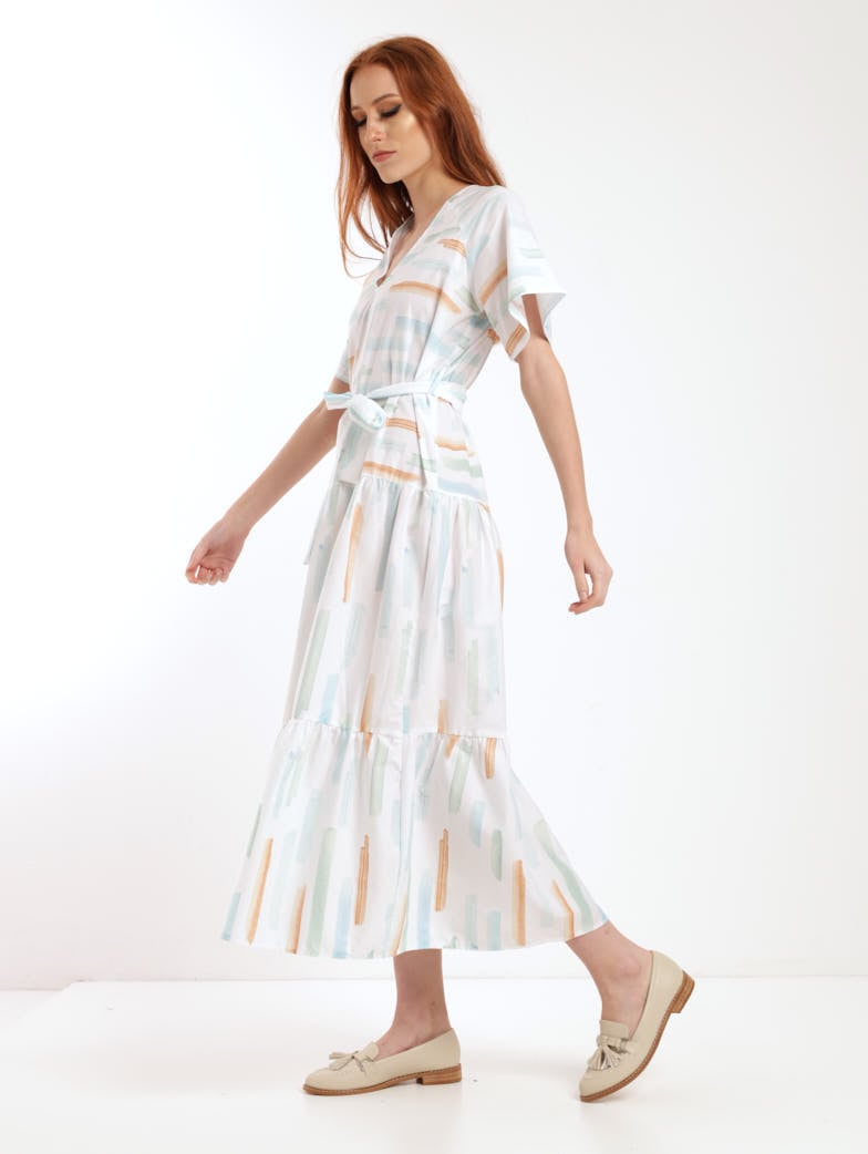 Ladies 50S Belted Midi Paint Stroke Dress