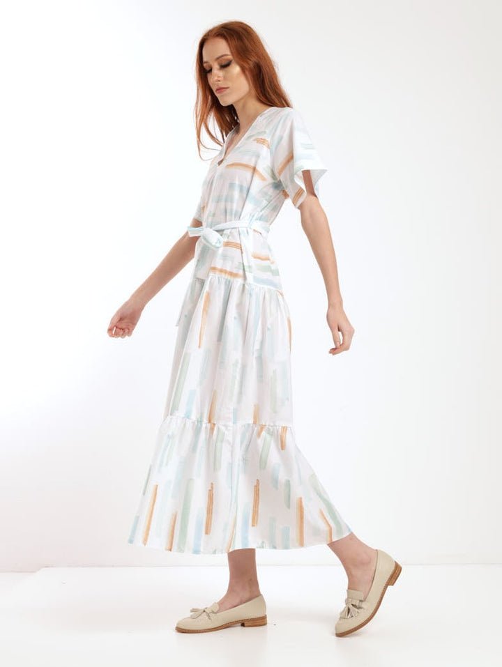 Ladies 50S Belted Midi Paint Stroke Dress