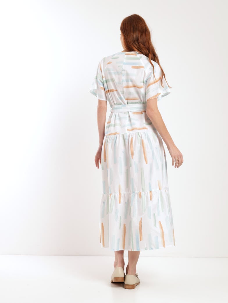 Ladies 50S Belted Midi Paint Stroke Dress