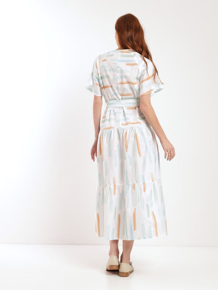 Ladies 50S Belted Midi Paint Stroke Dress