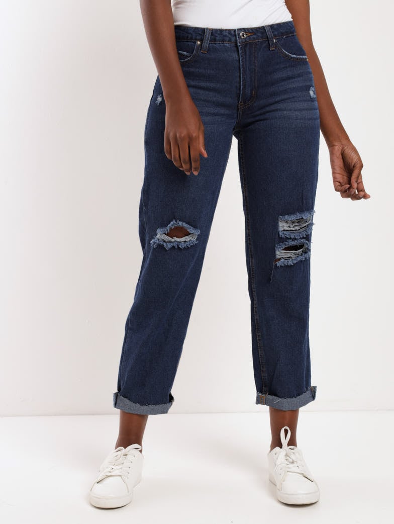 Ladies Dark Wash Ink Open Knee Boyfriend Denim Jean