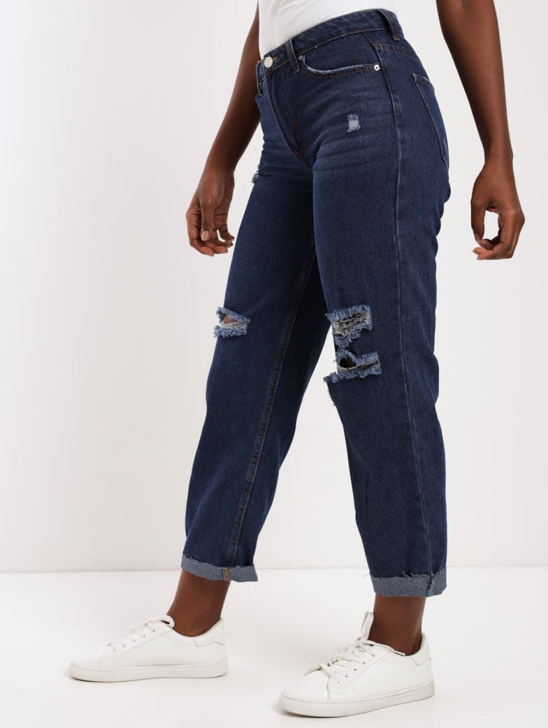 Ladies Dark Wash Ink Open Knee Boyfriend Denim Jean