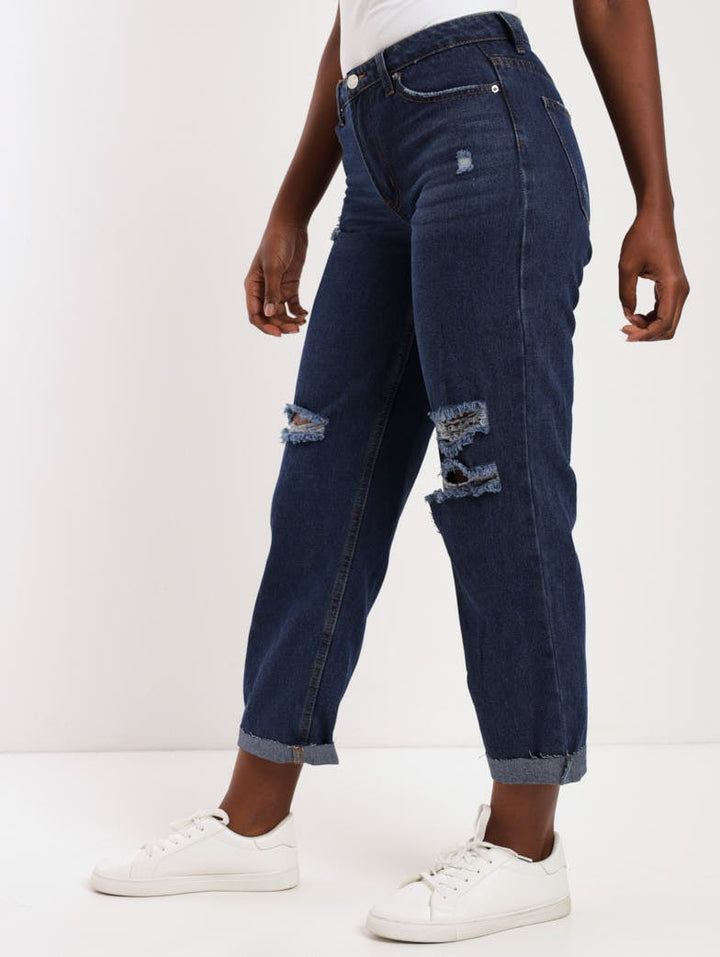 Ladies Dark Wash Ink Open Knee Boyfriend Denim Jean