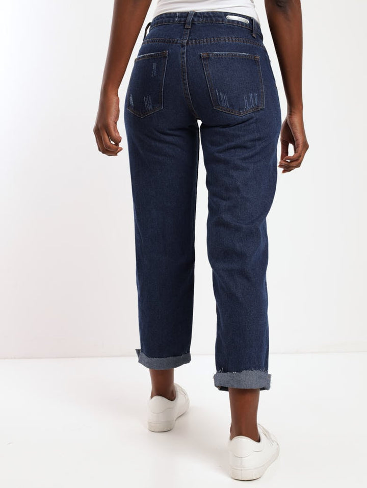 Ladies Dark Wash Ink Open Knee Boyfriend Denim Jean