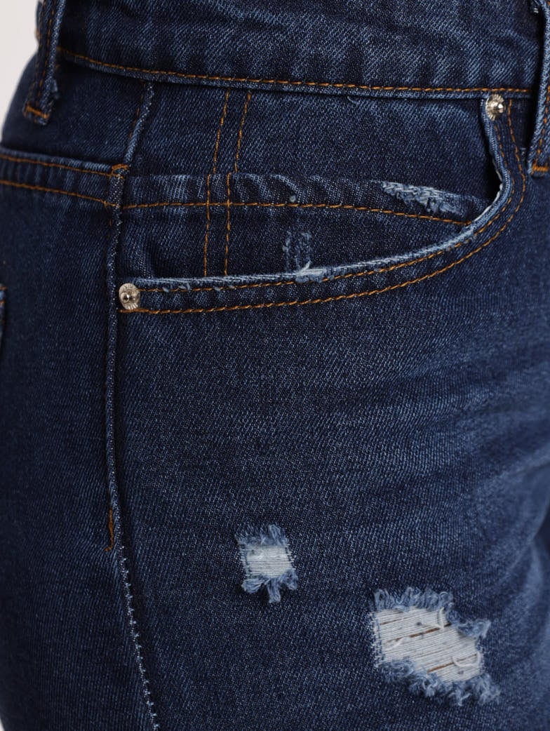 Ladies Dark Wash Ink Open Knee Boyfriend Denim Jean