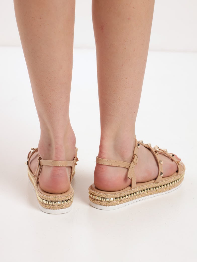 Ladies Studded Gladiator Espadrille Stud Platform Sandal - Blush