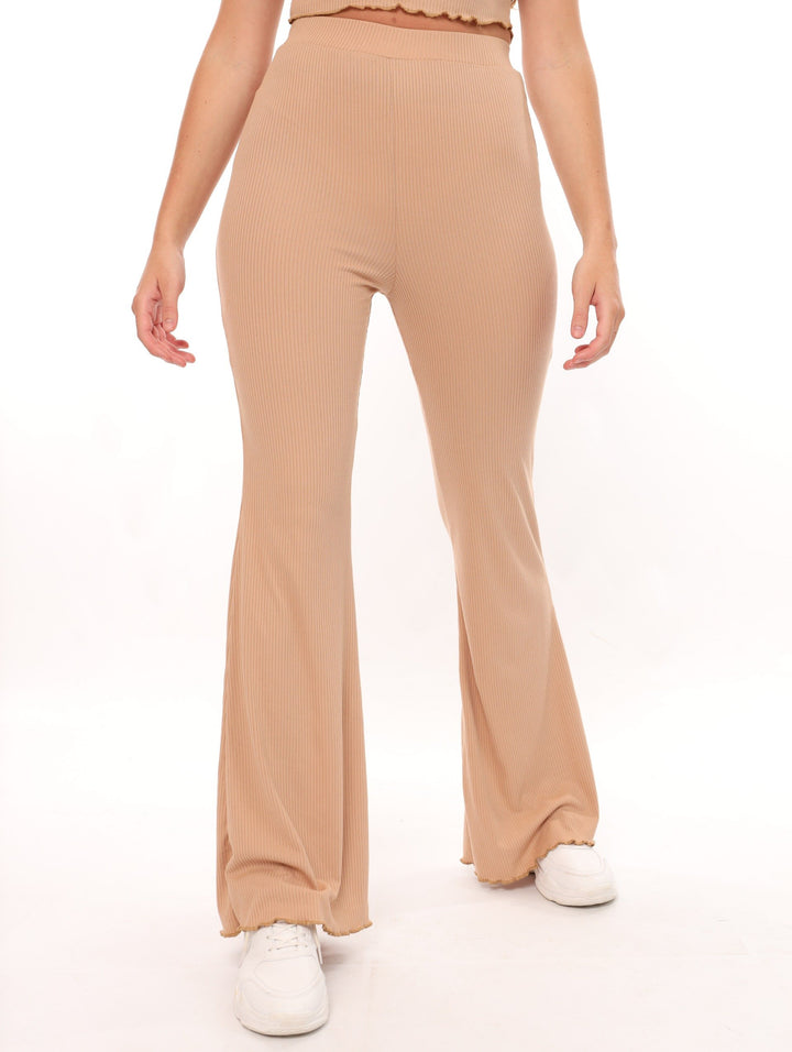 Ladies Crinkle Knit Flare Leg Pant Set - Beige