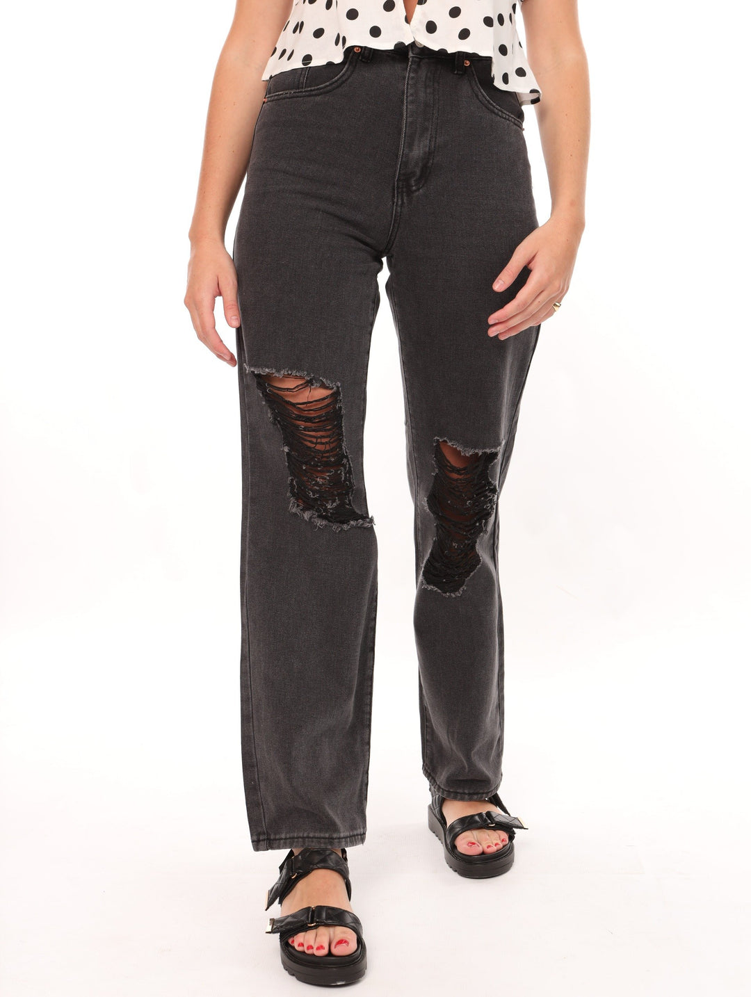 Ladies Black Ripped Rigid Denim Mom Jean