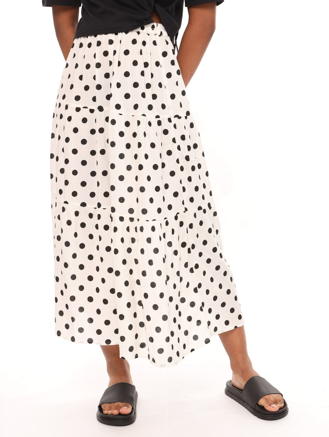 Ladies Spot Viscose Woven Skirt - Cream/Black
