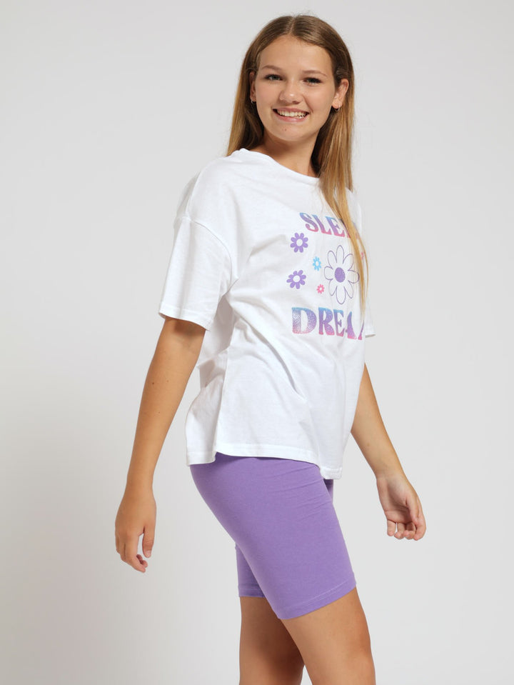 Girls Oversized Tee & Cycle Shorts Sleepwear - White