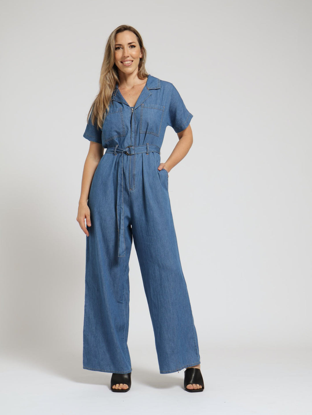 Collared Zip Through Belted Boiler Suit - Medium Wash
