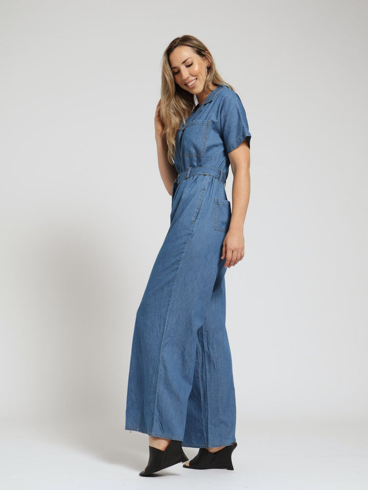 Collared Zip Through Belted Boiler Suit - Medium Wash