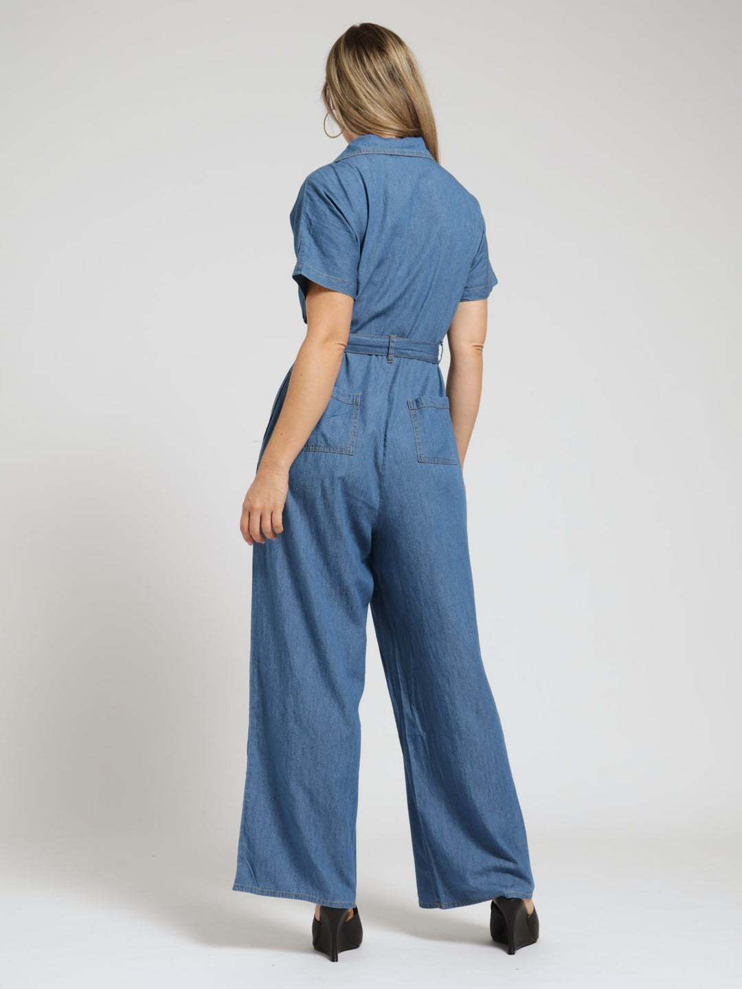 Collared Zip Through Belted Boiler Suit - Medium Wash