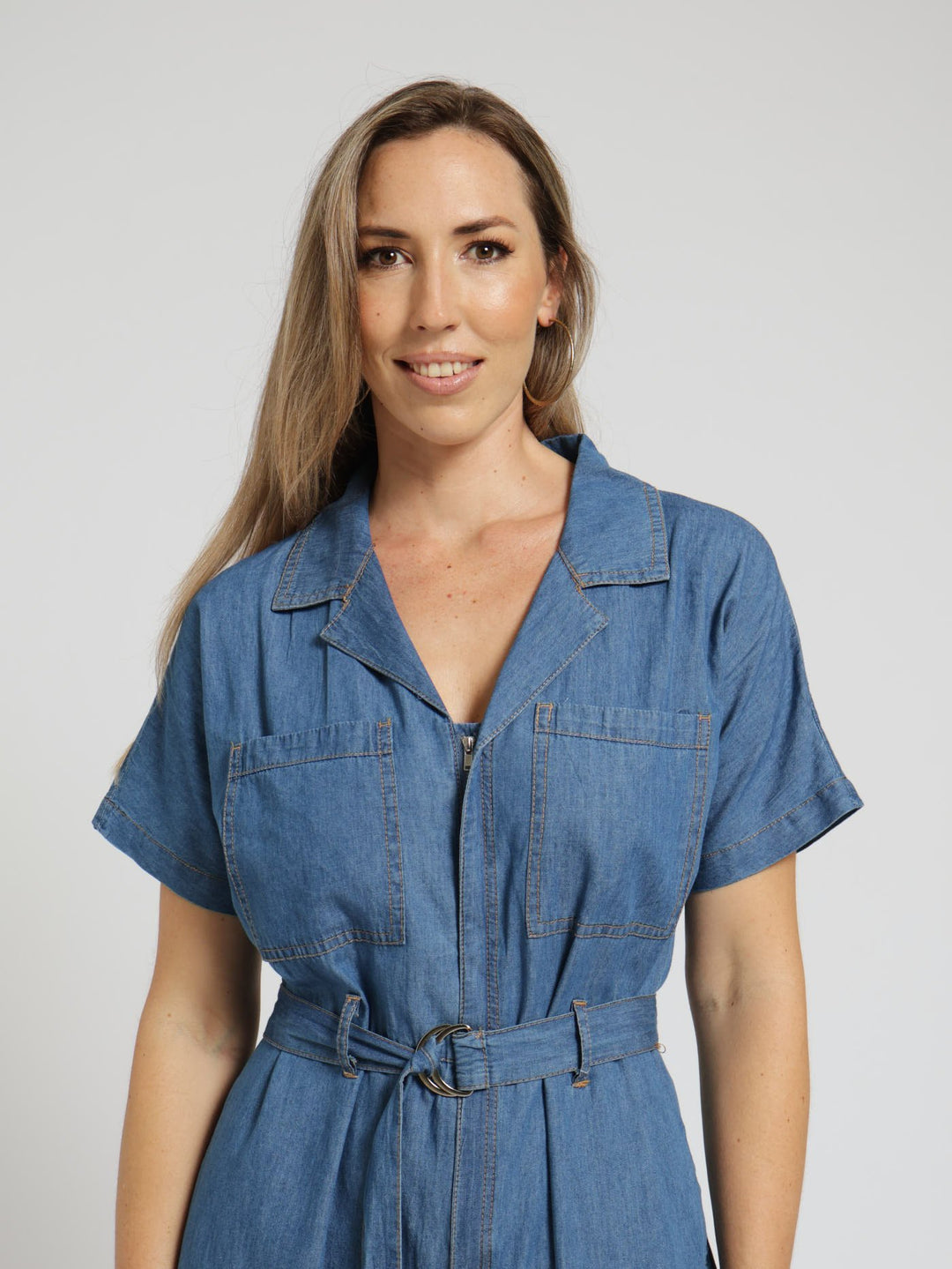 Collared Zip Through Belted Boiler Suit - Medium Wash