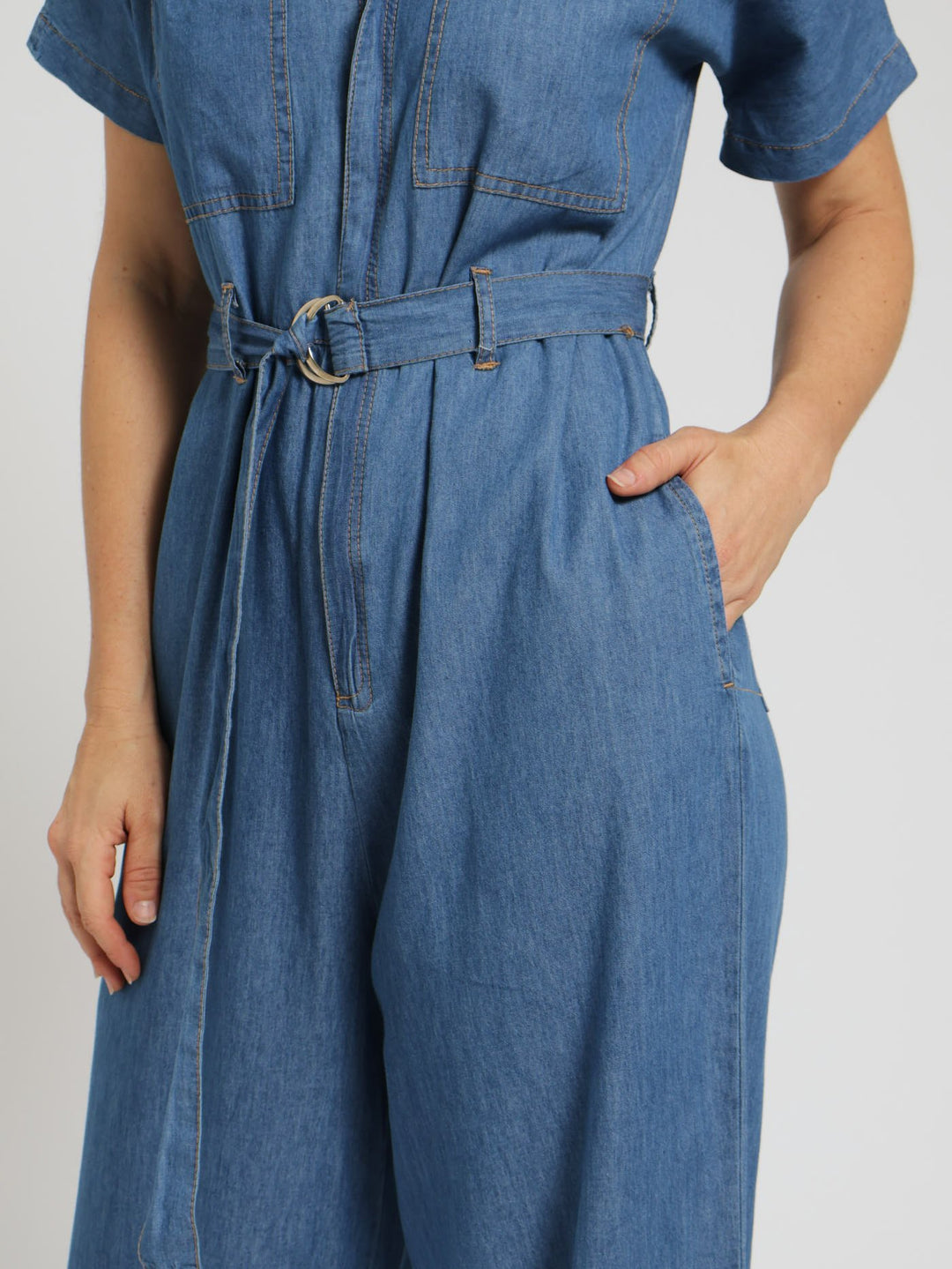 Collared Zip Through Belted Boiler Suit - Medium Wash