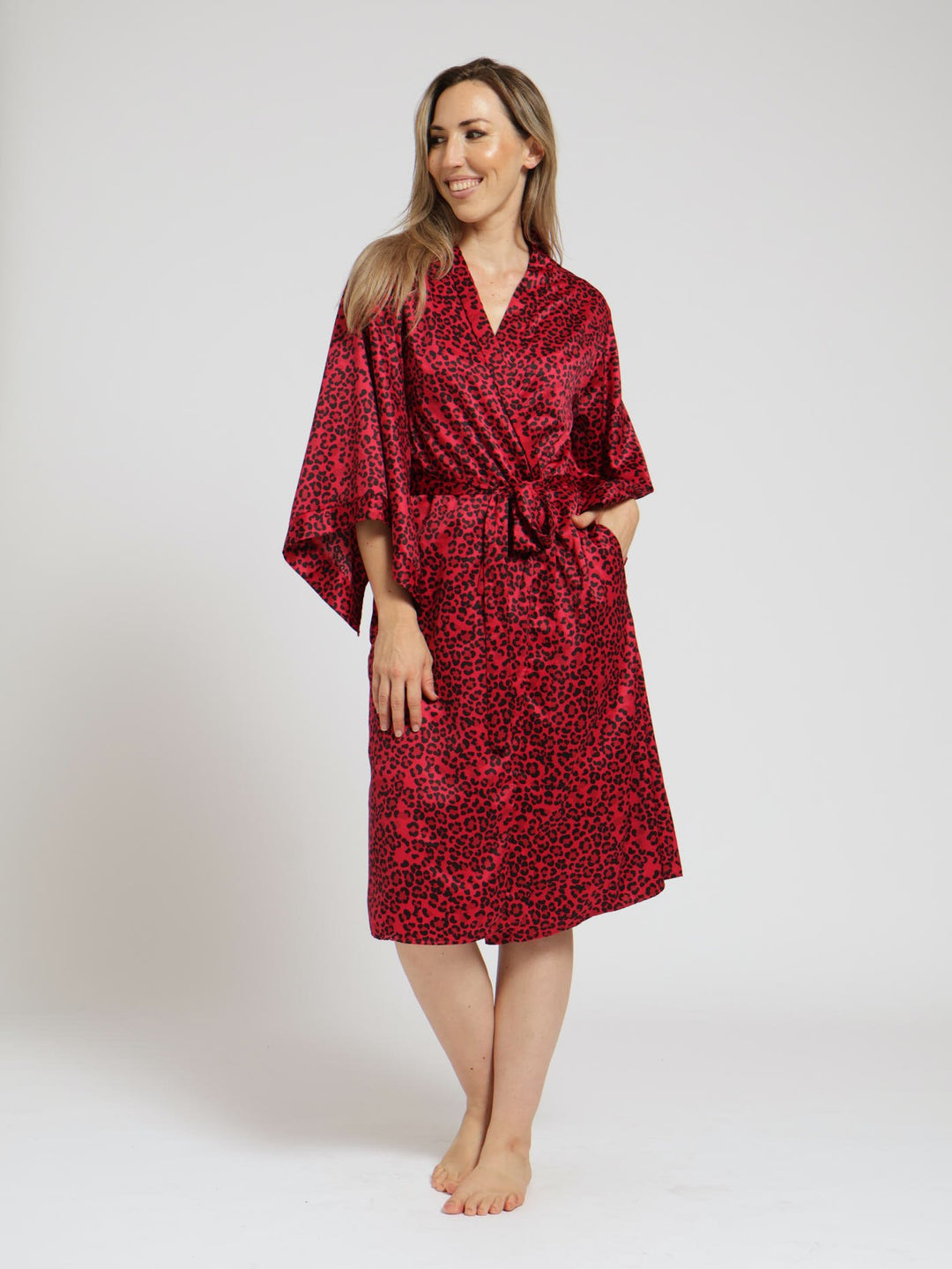 Kimono Sleeve Satin Gown - Red/Black