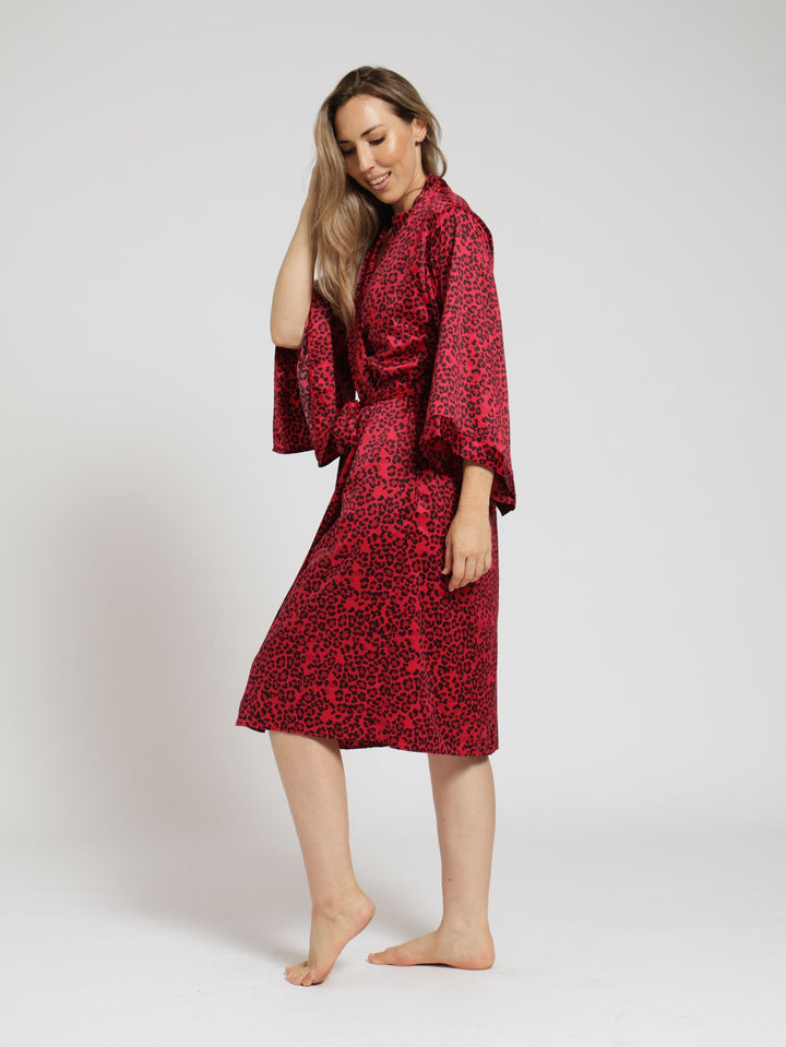 Kimono Sleeve Satin Gown - Red/Black