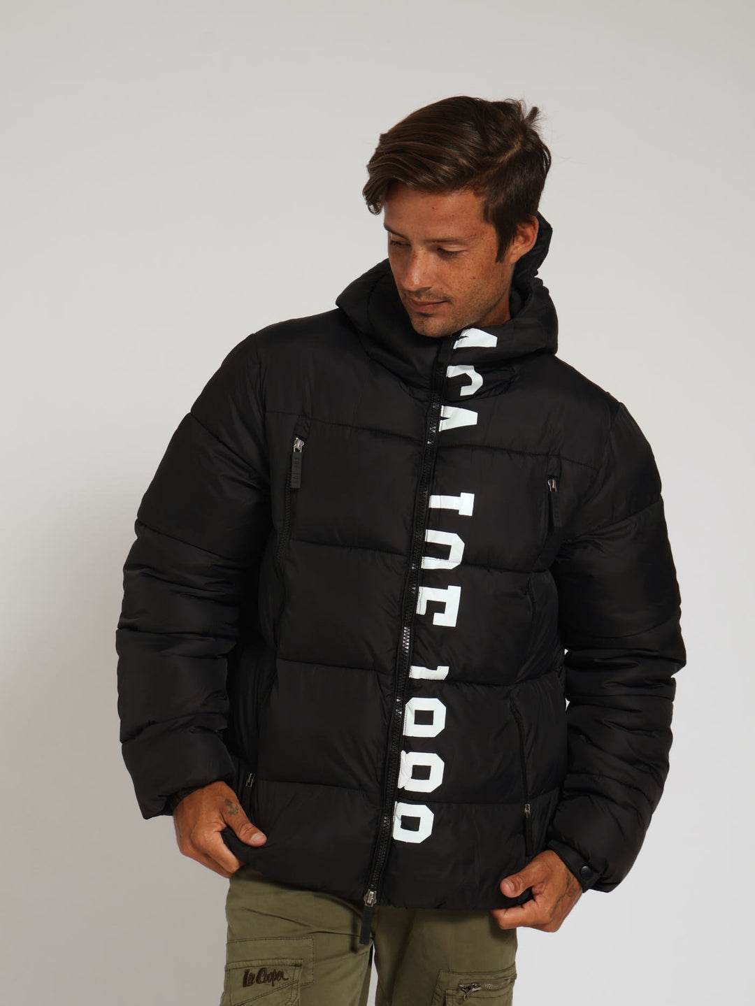 Printed Hooded Puffer Jacket - Black
