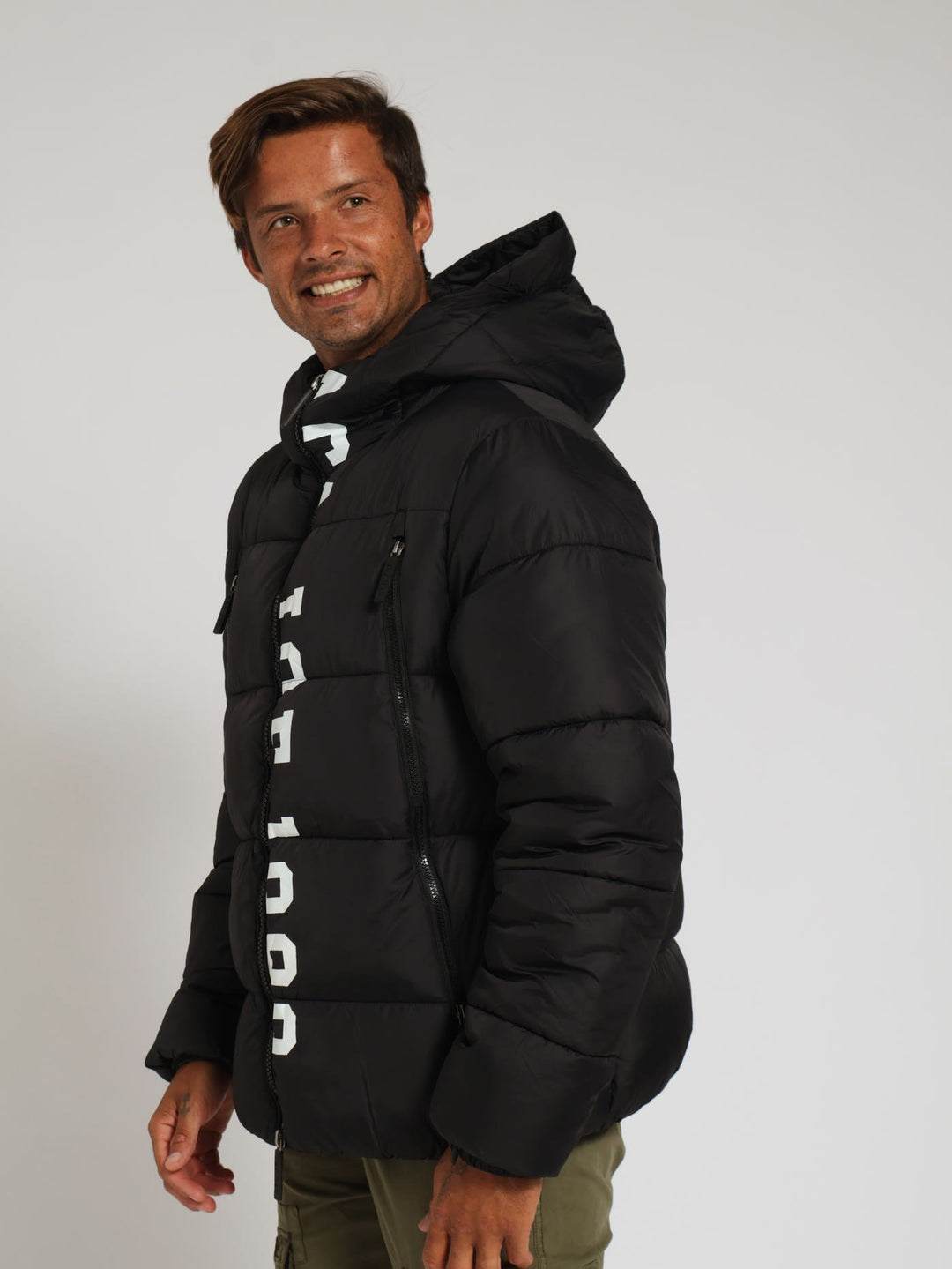 Printed Hooded Puffer Jacket - Black