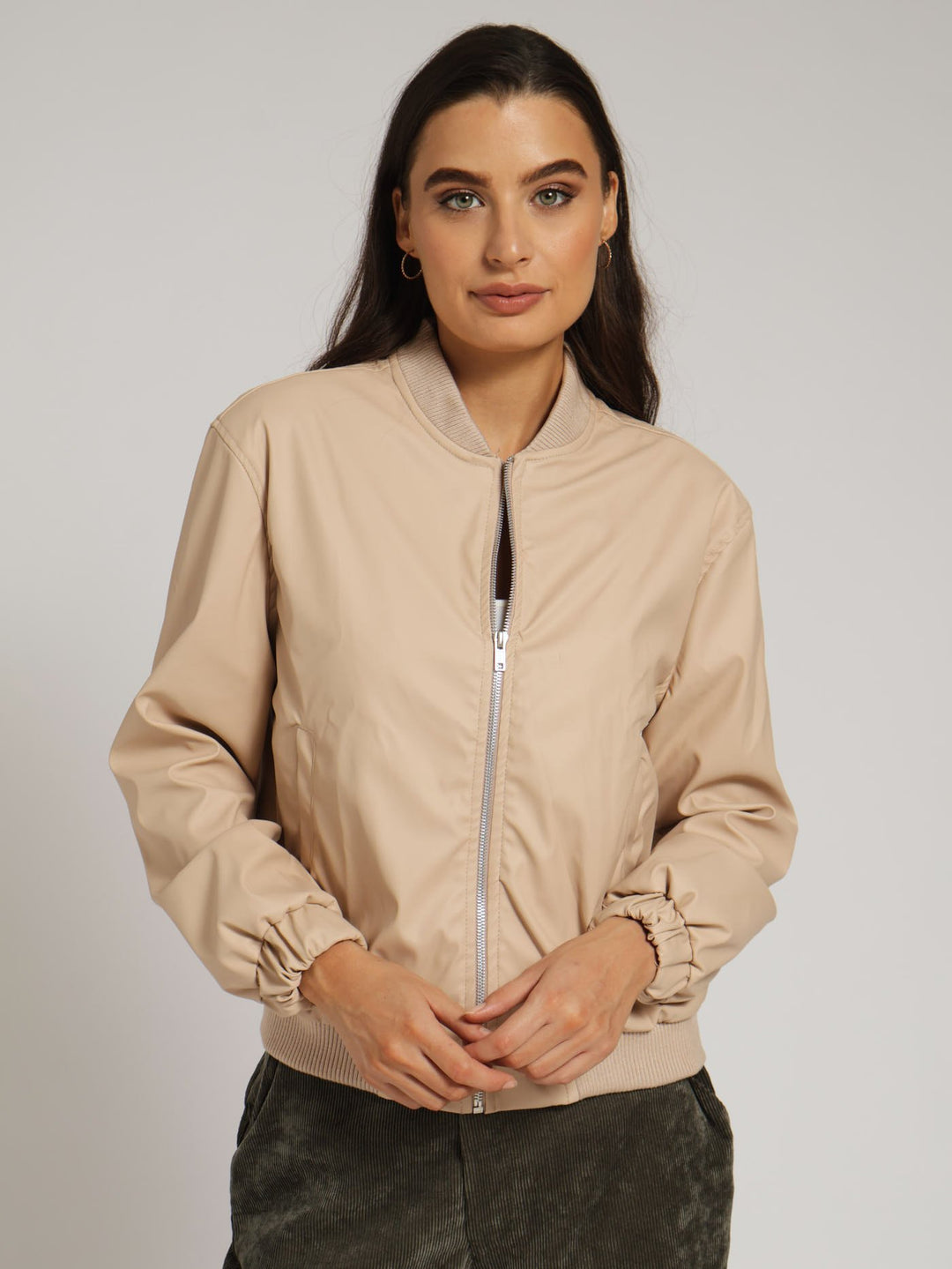 Ladies Long Sleeve Pu Bomber Jacket Stone – Edgars