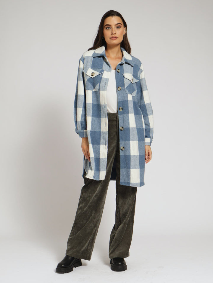 Check Melton Shacket With Pocket Detail - Blue