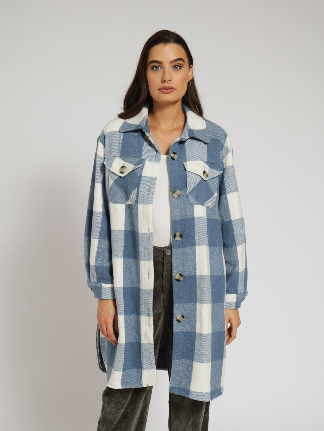 Check Melton Shacket With Pocket Detail - Blue