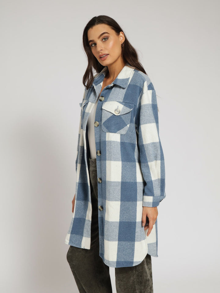 Check Melton Shacket With Pocket Detail - Blue