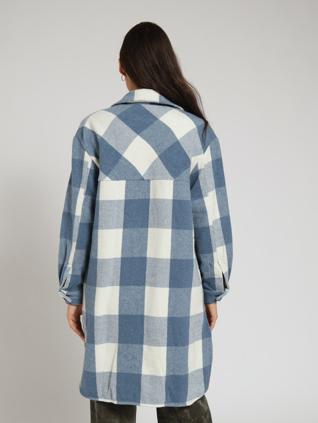 Check Melton Shacket With Pocket Detail - Blue