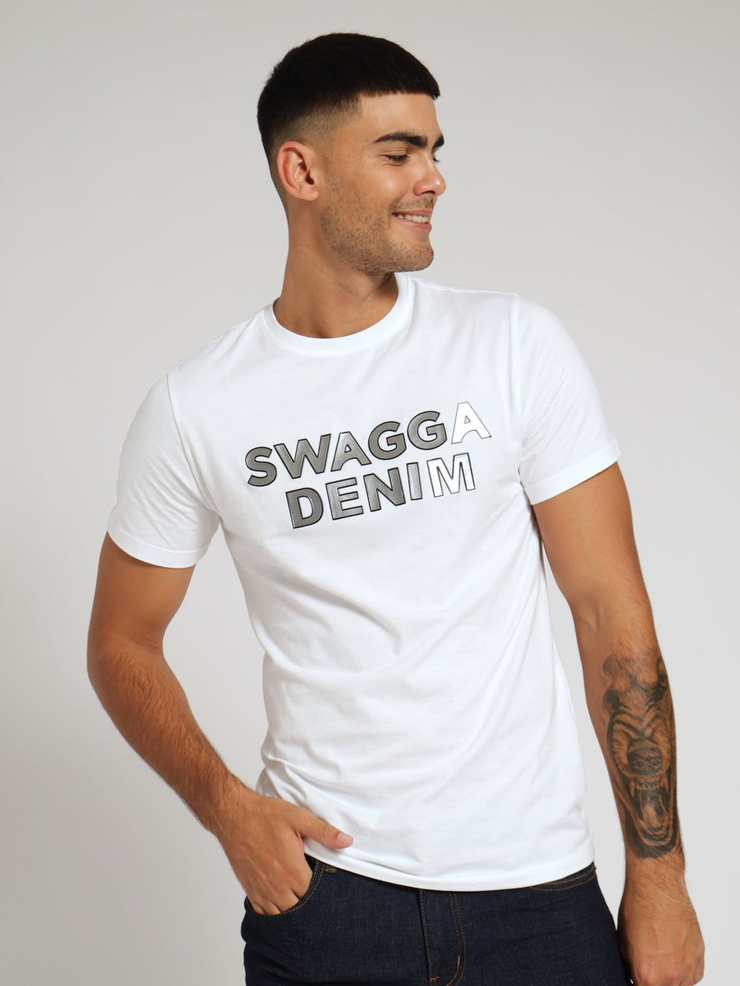 Luxe Denim Print Tee - White