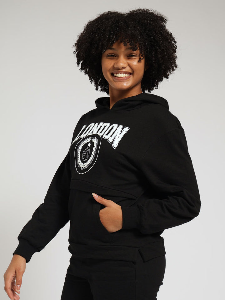 London Over Sized Fleece Hoody  - Black