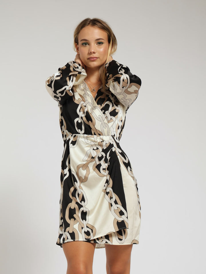 Long Sleeve Satin Wrap Detail Short Dress - Black/Beige